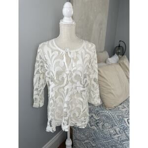 Grisbi Boho Lace Blouse L White Sheer Floral Festival Top Cottagecore Peasant